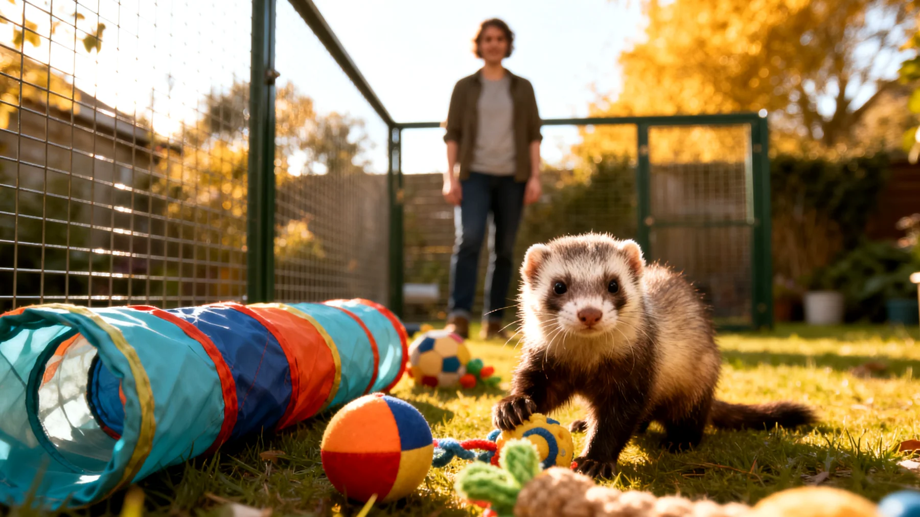 Frettchen benötigen sichere und artgerechte Beschäftigungsmöglichkeiten im Garten, da sie neugierige und verspielte Tiere sind, die jedoch durch ihre geringe Größe und ihren Jagdinstinkt besondere Aufsicht und Schutz vor Fressfeinden sowie Fluchtmöglichkeiten benötigen"