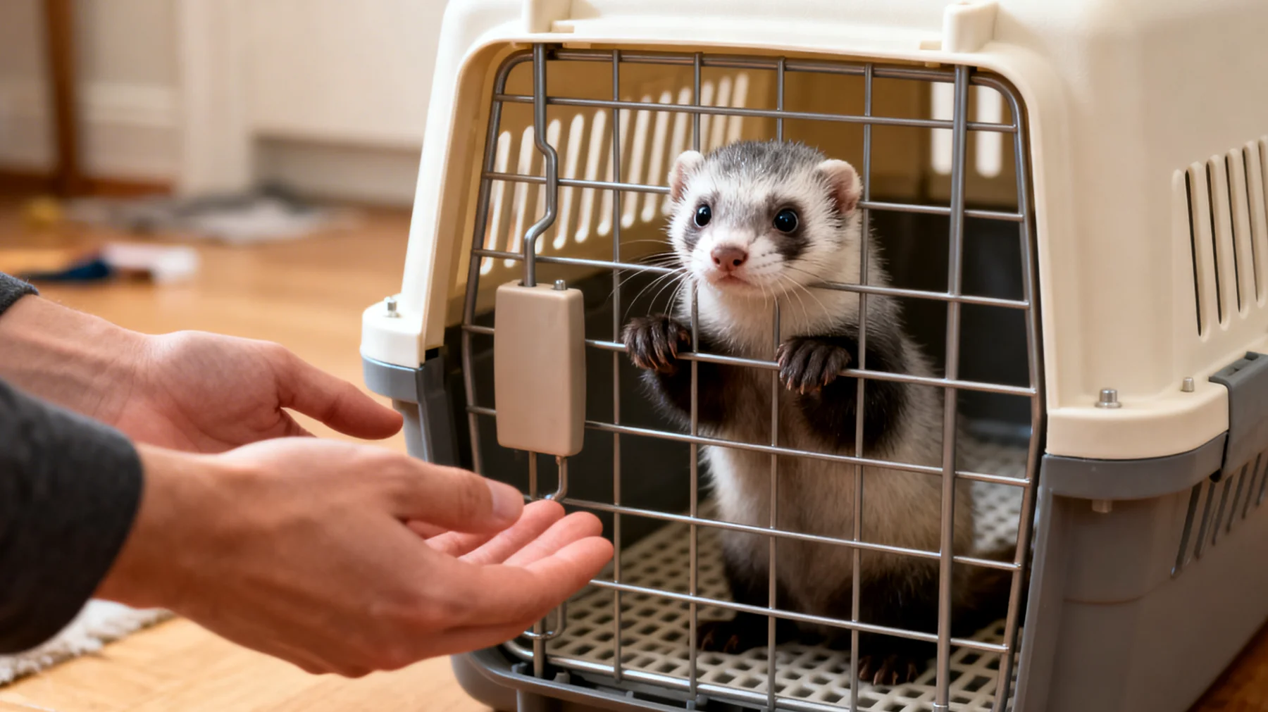 Frettchen sind während Reisen oft gestresst und unruhig, da sie eine gewohnte Umgebung benötigen. Das Training für ruhiges Verhalten in Transportboxen und fremden Umgebungen ist essentiell, um Angst und Fluchtversuche zu vermeiden."